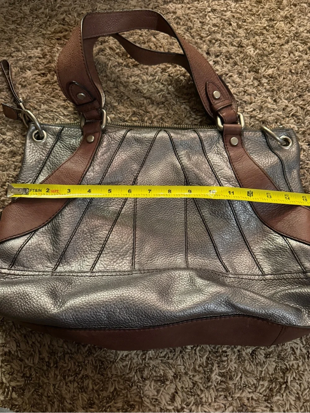 Vintage Fossil Metallic Leather Shoulder Bag Pewter Bronze Cognac Trim